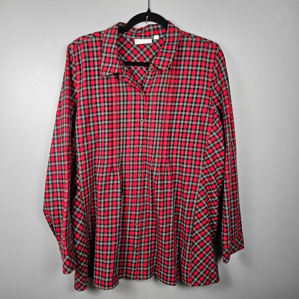 Uncommon Threads x J Jill‎ Womens L Plaid Button Front Tunic Flannel Red Black